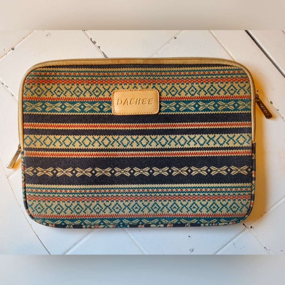 Dachee Laptop Canvas Designer Bag 10"x 14" Felt Interior Tan Rust Green Tablet